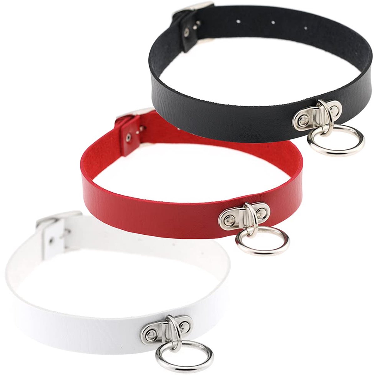 SnelShoppen - 3 Stuks Halsketting PU-Leer, Gothic Choker, Verstelbaar, Ring, Metaal, Punk Rock, Zwart/Wit/Rood, Feest, Mode Accessoire