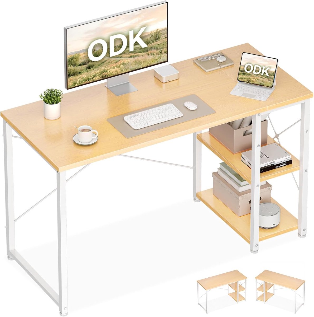 SnelShoppen - ODK Bureau met Omkeerbare Plank, 120x48cm, Natuur Beige | Ruimtebesparend Bureau, Compact Studie Bureau met Opbergplanken voor Thuiswerk