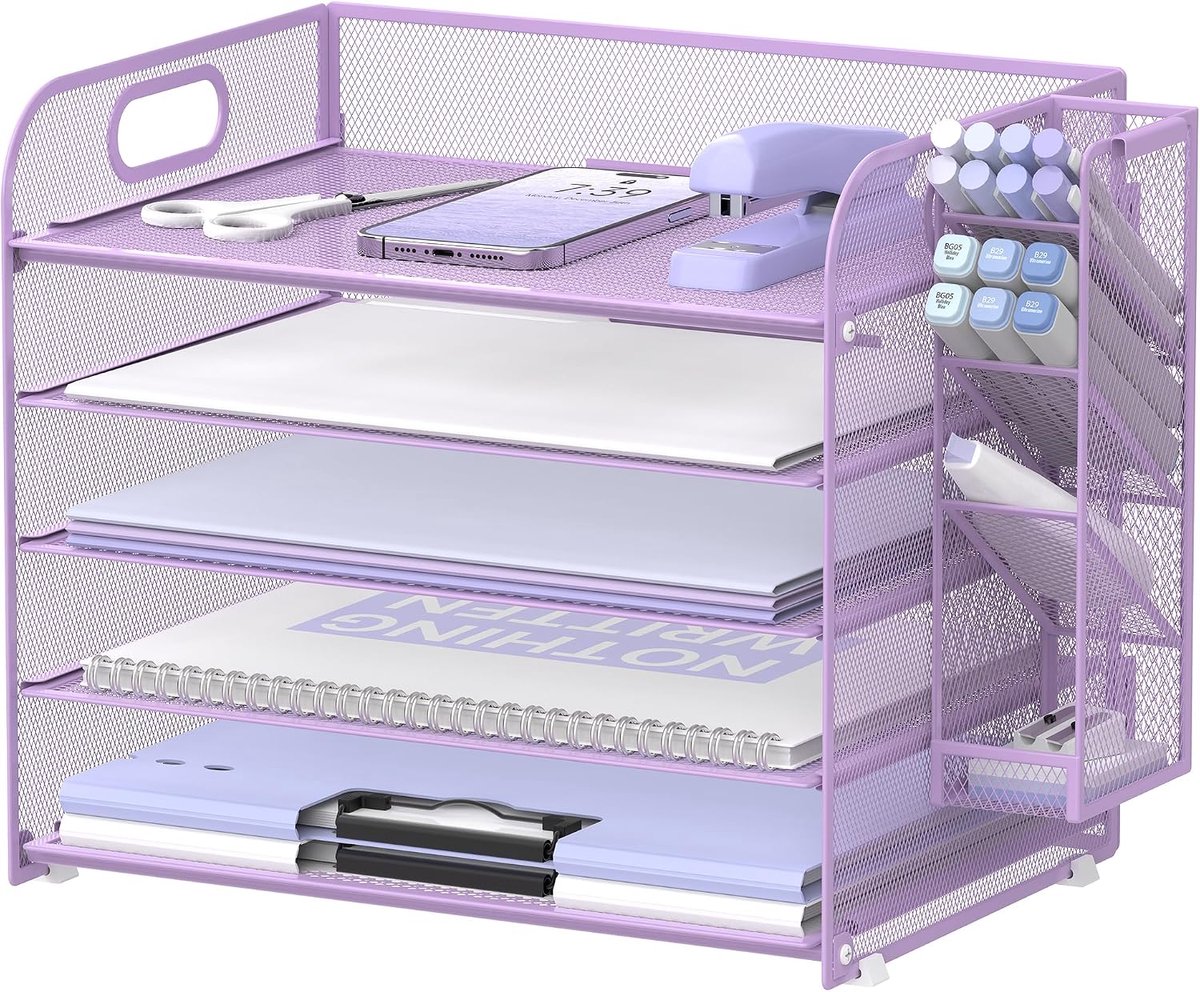 SnelShoppen - 5-laags Bureau Organiser met Handvat en Afneembare Pennenhouder, Metaal Mesh Papieren/Bestand Organizer voor Kantoorbenodigdheden (Paars