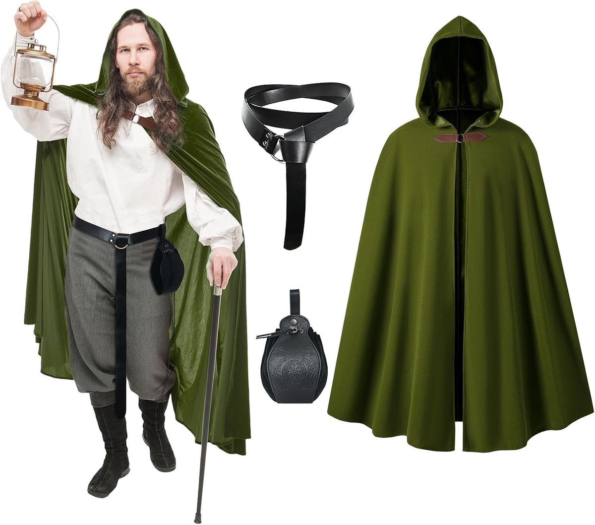 Middeleeuwse Cape met Kap voor Mannen, Tovernaar Outfit, Hobbit Kostuum met Zwarte Vintage Heuptas en Riem