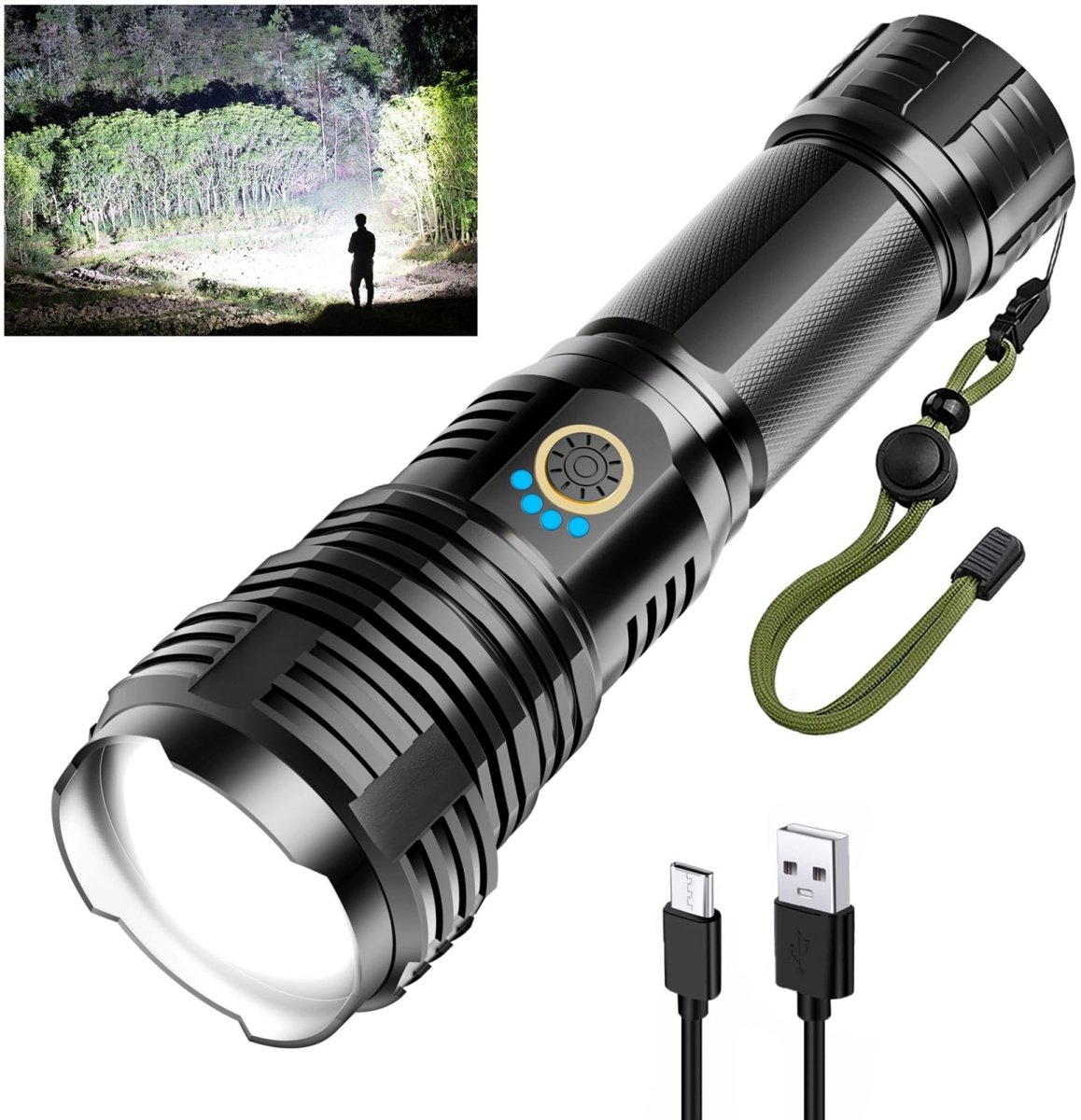 longziming -Oplaadbare LED Zaklamp – USB Zaklamp met Zoomfunctie – 5 Lichtstanden – Waterdicht – 500 m Bereik – Zwart