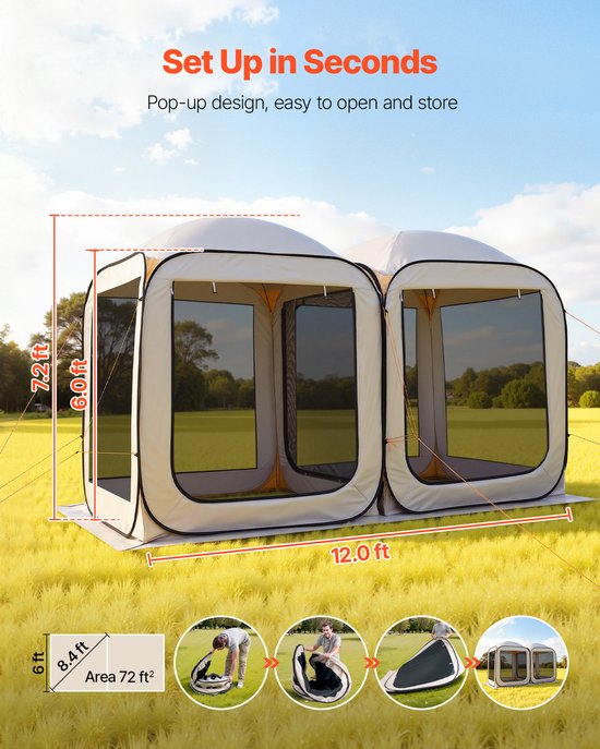 Opvouwbare Campingtent, 365,76 X 182,88 cm, Multifunctionele 2-In-1 Tent met Draagtas, Gaaswanden en Grondpinnen, Ideaal voor Tuin, Terras en Buitengebruik, Beige — afbeelding 3