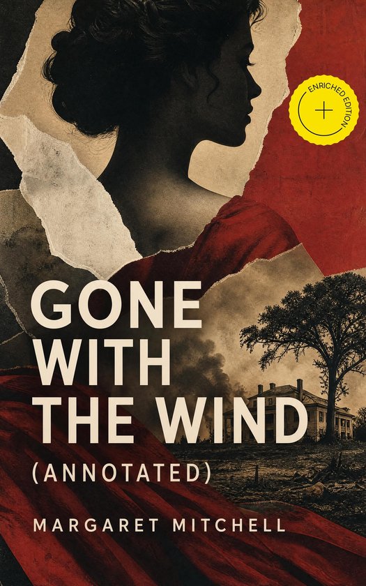 Boekomslag van 'Gone With The Wind', met een illustratie van een vrouw in profiel met een rode doek en een huis met een boom ernaast.