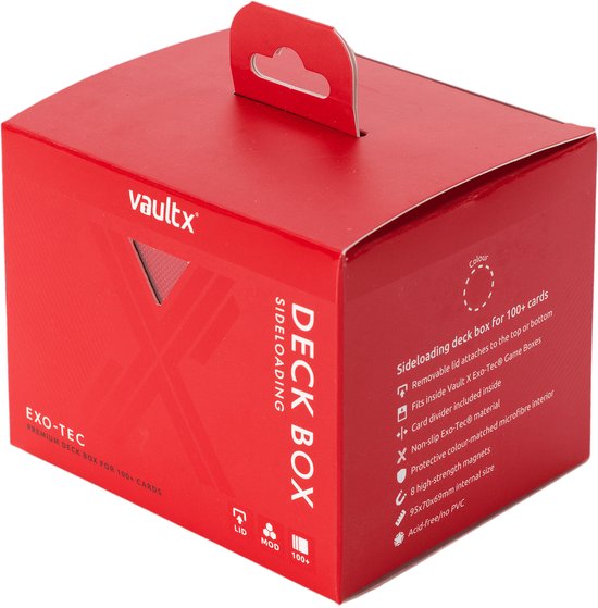 Rode Vault X deckbox met deksel, de zijkant en de productinformatie.