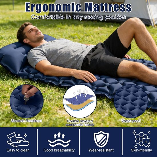 Zelfopblazende campingmatras, campingmatras - Ultralicht opblaasbaar matras met voetpomp, draagbare luchtmatrasmat voor strand, reizen, buitentrekking van Merkloos — afbeelding 3