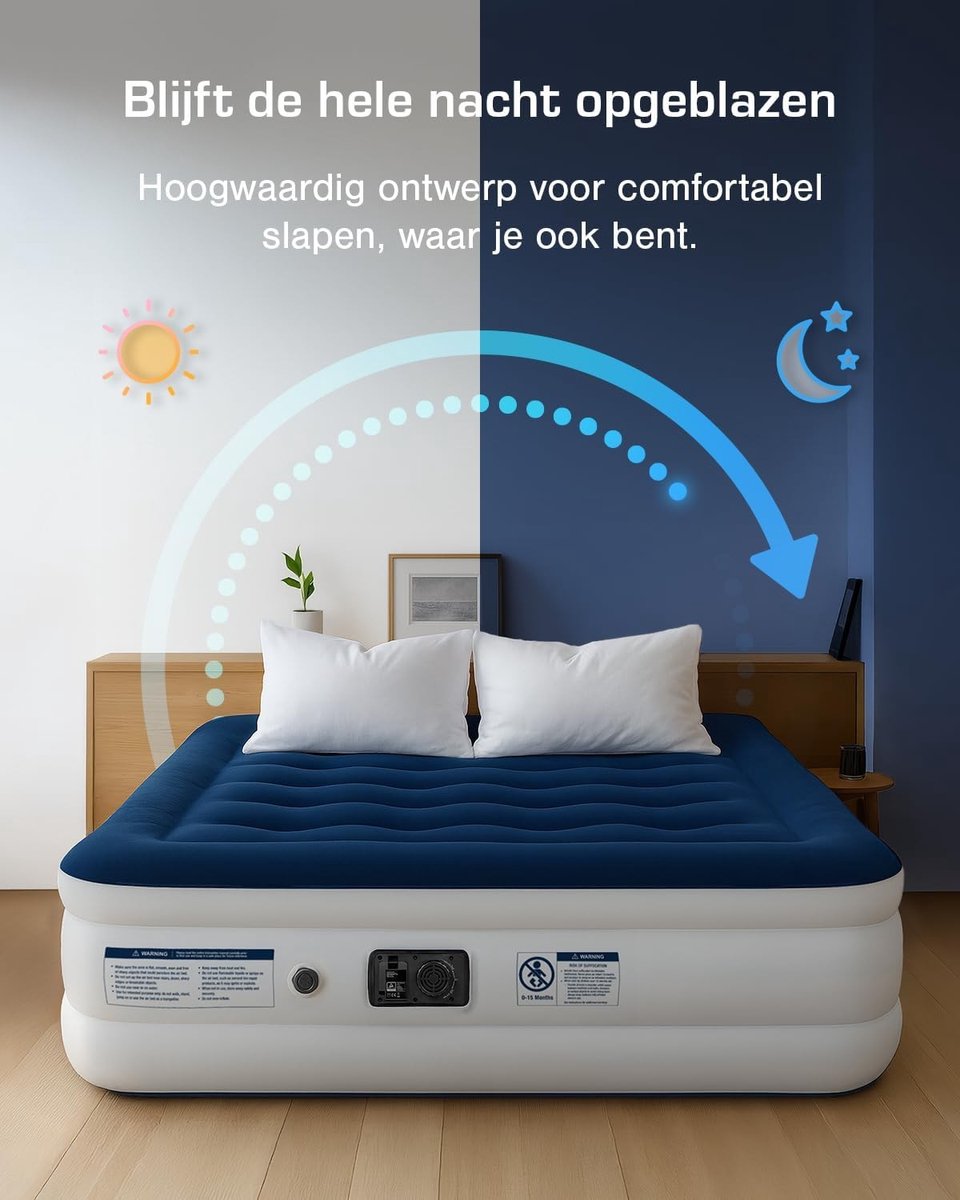 Luchtbed 2 Persoons Extra Hoog 36,5 cm - Ingebouwde Elektrische Pomp en Kussen - 150x200 cm - Opblaasbed Tweepersoons met Reistas