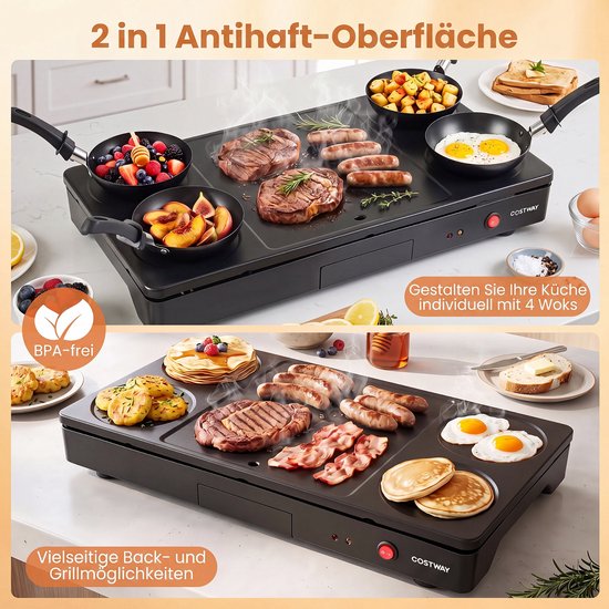 COSTWAY Elektrische Plancha met 4 Mini Woks Antiaanbaklaag Raclette-apparaat | Grilltang, Lepel, Houten Spatels en Vetopvangbak, Elektrische Tafelgrill Binnen en Buiten — afbeelding 4