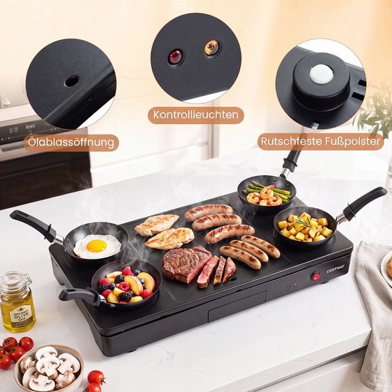 COSTWAY Elektrische Plancha met 4 Mini Woks Antiaanbaklaag Raclette-apparaat | Grilltang, Lepel, Houten Spatels en Vetopvangbak, Elektrische Tafelgrill Binnen en Buiten — afbeelding 2