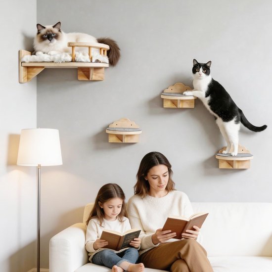 Katten Klimwand 4-Delige Set - Wandgemonteerde Kattenplanken Met Krabpaal - Katten Loopplank En Ligbed - Ruimtebesparend Kattenmeubel Voor Binnenkatten