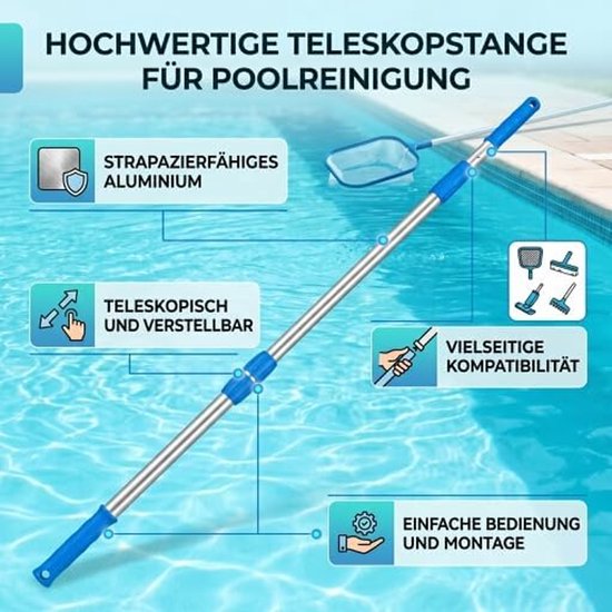 Zwembadstok, 87,8 cm Aluminium Uitschuifbare Reinigingsstang, Professionele Zwembadstok met Corrosiebestendige Greep voor Zwembadonderhoud, Schepnet en Borstel Bevestiging — afbeelding 3