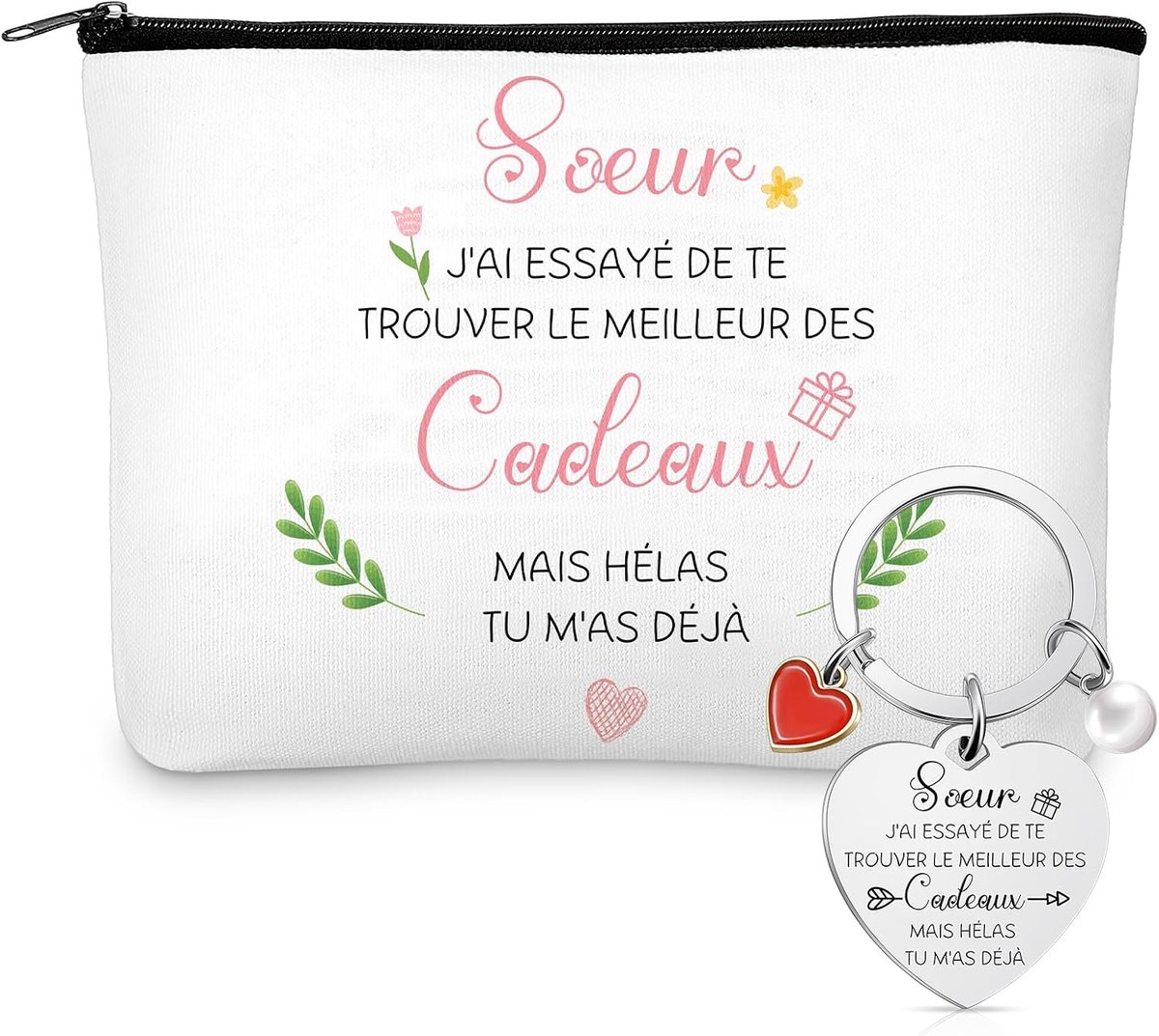 Cadeau voor zus, make-uptas, sleutelhanger met tekst Sœur J'ai Essayé de te Trouver le Meilleur des Cadeaux Mais Hélas Tu M'as Déjà toilettas, klein verjaardagscadeau