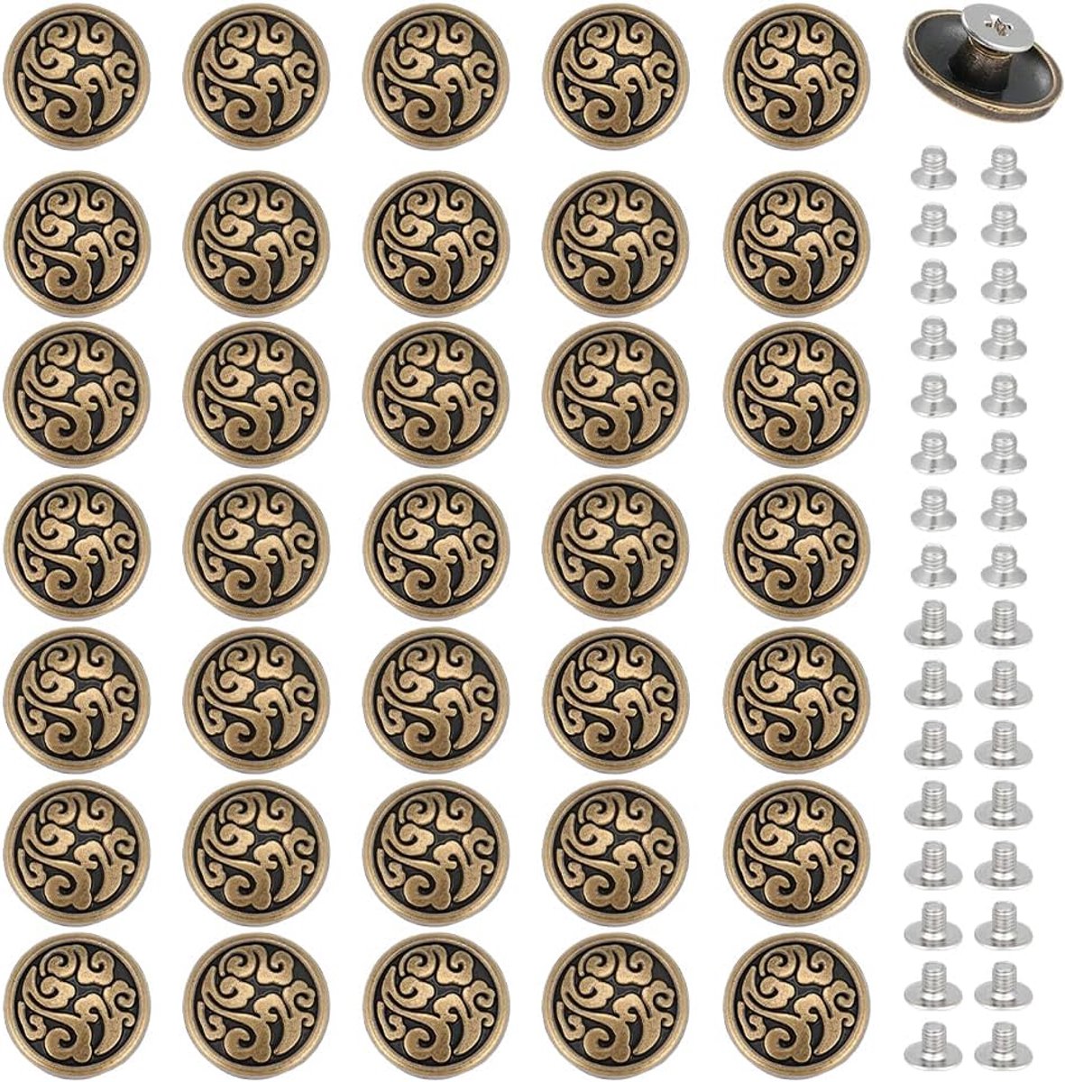 PandaHall 40 Sets Schroef Terug Knoppen 15mm Gunstige Wolken Schroef Klinknagel Gespen Ronde Concho's Terug Antiek Brons Chinese Stijl Vervanging Knoppen met 2 Maten Schroeven voor DIY Lederen