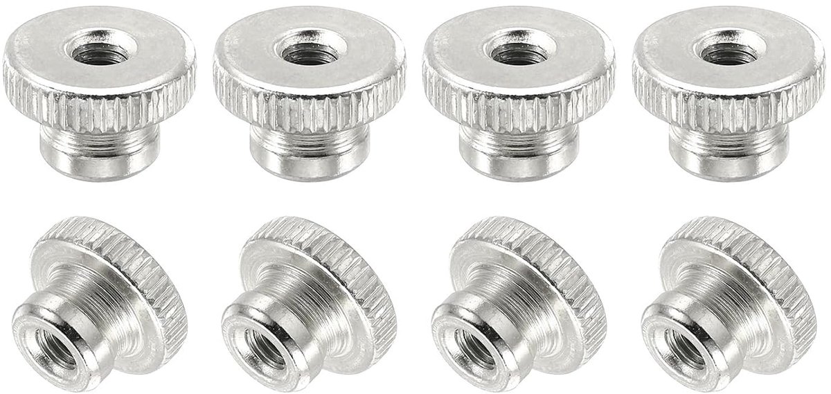 12 stuks vlindermoeren geribbelde moeren M5 staal zilver | koolstofvezel, met doorgangsgat, hoge kop