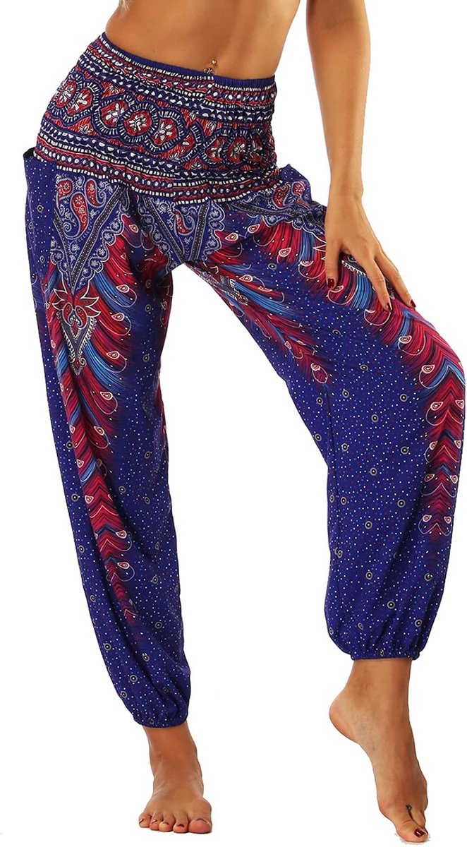 harem hippie vrouwenbroek baggy Boho patroon hoge taille gesmokte taille dun met zakken lounge broek voor yoga, zomer en strand, Paarse Pauw, one size