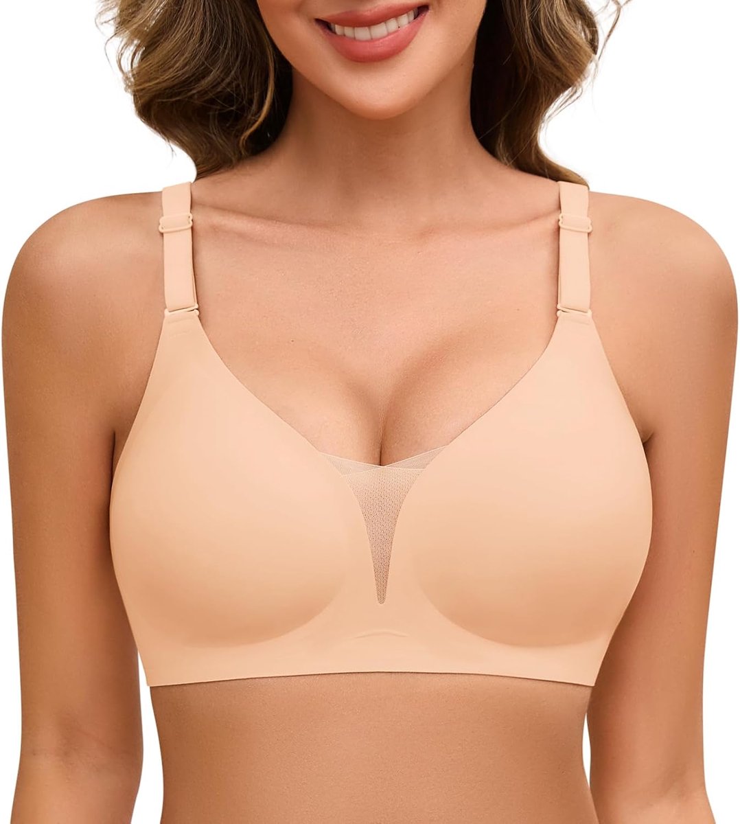 Vrouwen Draadloze Push Up Bras Dames Non Wired Zachte Ondersteuning Volledige Dekking Bras Naadloze Gewatteerde Comfort T-shirt BH V-hals Mesh Kant Bralette