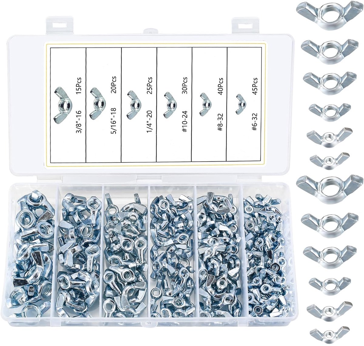 175 stuks vlindermoeren, vlindermoeren van SAE-staal, oormoeren, vleugelmoeren, metrische vleugelmoeren voor schroeven, schroefdraadbouten, bevestiging van elektronische apparaten