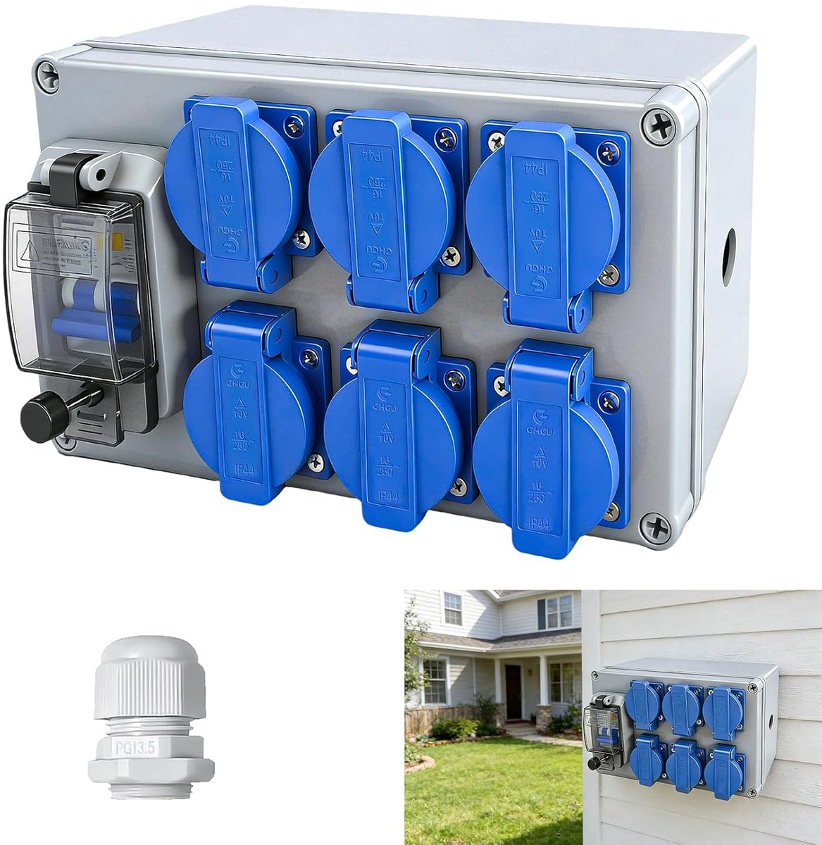 wandverdeler met 1P C16A stroomonderbreker en 2P 25A FI, 6x Schuko-stopcontact 230V wandverdeler stroomverdeler IP44, binnen buiten op bouwplaatsen (6x230V 16A met LS+FI)
