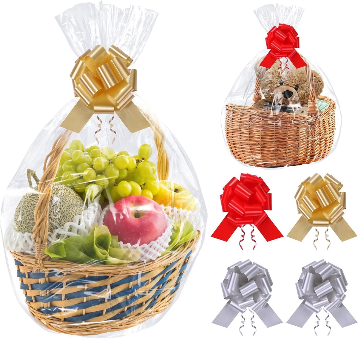 Cellofaanzakjes, grote cadeaufolie, transparant, 70 x 100 cm, 6 stuks heldere cellofaanzakjes met 6 treklussen en twist voor geschenken, manden, bloemen, kunsthandwerk, lekkernijen, kleding