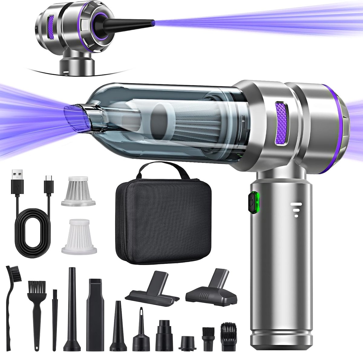 4-in-1 handstofzuiger, accu, sterke autostofzuiger, 25000 Pa, handstofzuiger, draadloos, 3 versnellingen, 220.000 omw/min, elektrische stofblazer, persluchtspray voor auto, keuken, pc, bank, kantoor