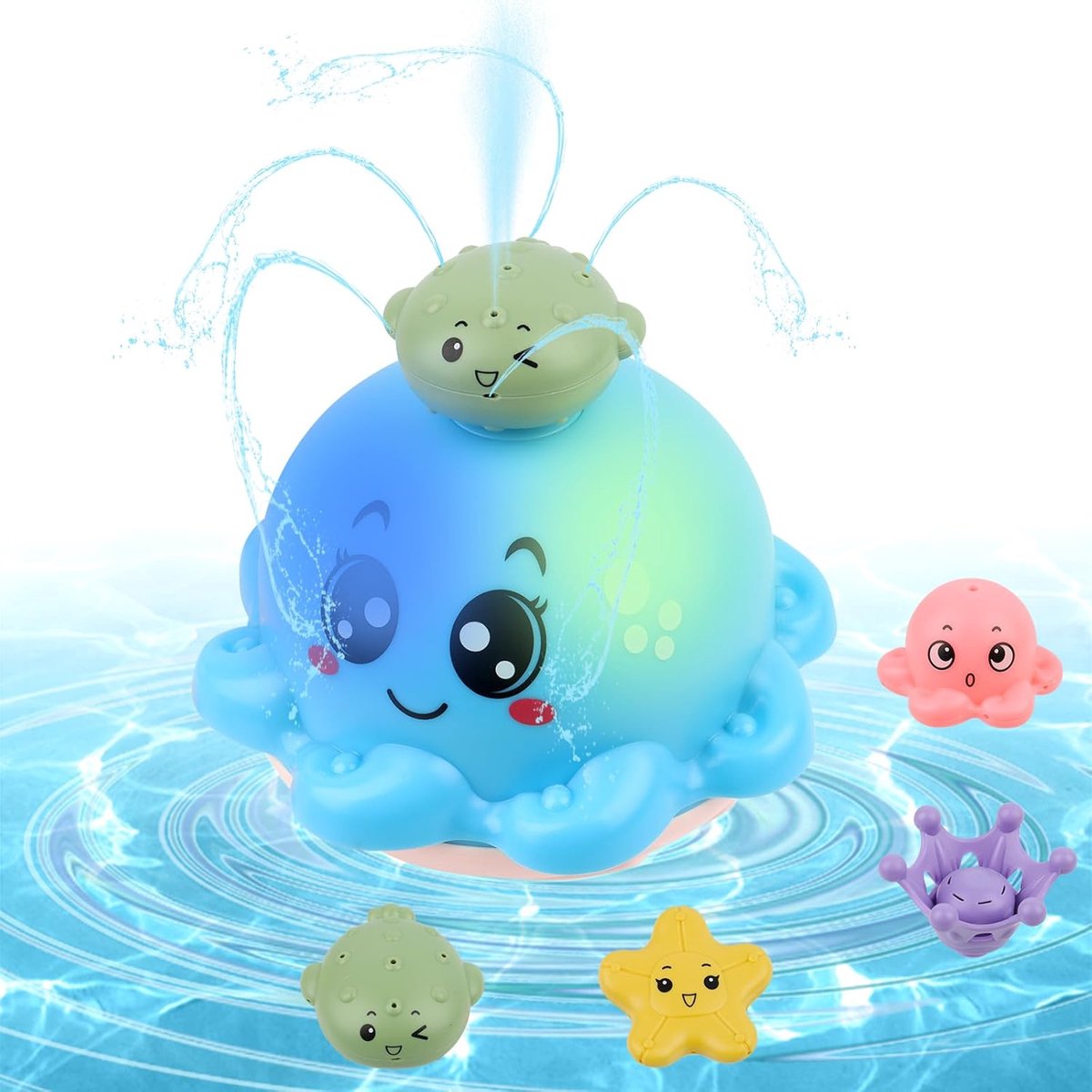 Badspeelgoed, badspelletjes voor baby's, kinderen 1, 2, 3 en 4 jaar, helder badspeelgoed voor baby, viswatersprinkler speelgoed, waterspel inktvis met LED voor kinderen