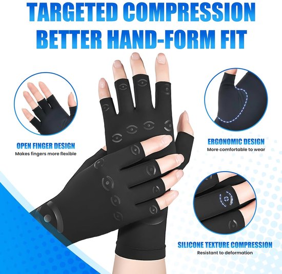 handschoenen, 1 paar vingerloze artrose compressiehandschoenen voor dames en heren, ademende compressiehandschoen voor de hand ter verlichting van tendinitis, carpaal tunnel en gewrichtspijn — afbeelding 3