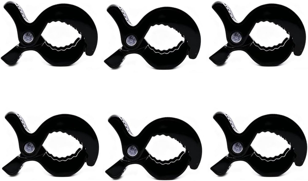 Set van 6 zwarte kinderwagenklemmen – universele haak voor kinderwagen, stevige kunststof klemmen voor het bevestigen van dekens en accessoires voor buitenactiviteiten