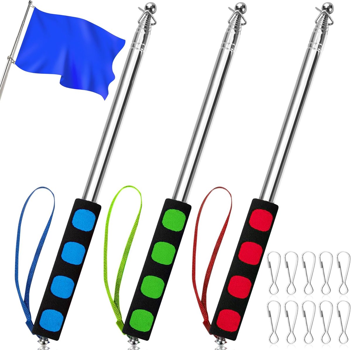 vlaggenstang, 3 stuks, 1,6 m, roestvrij staal, telescopische vlaggenmast met 10 clips, draagbare handheld vlaggenstang voor reizen, camping, leraren, reisgids