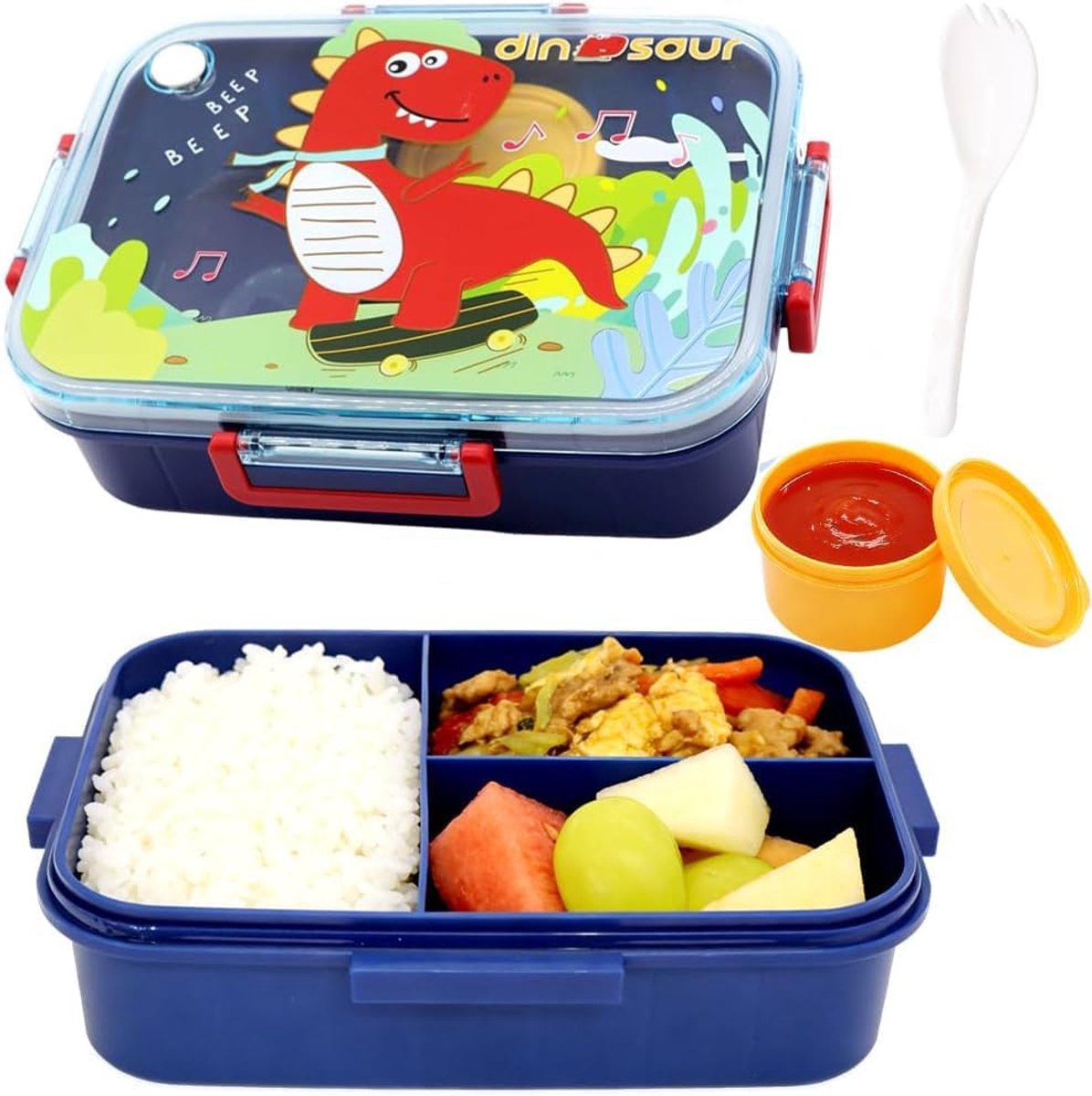 Broodtrommel met Vakken, Dinosaurus Lunchbento Box 1200 ml Lunchbox Lekvrije Bento Boxen met Bestek Ontbijtbox Lunchbox Broodtrommel Broodbox Maaltijdbox voor School,Picknick,Reis