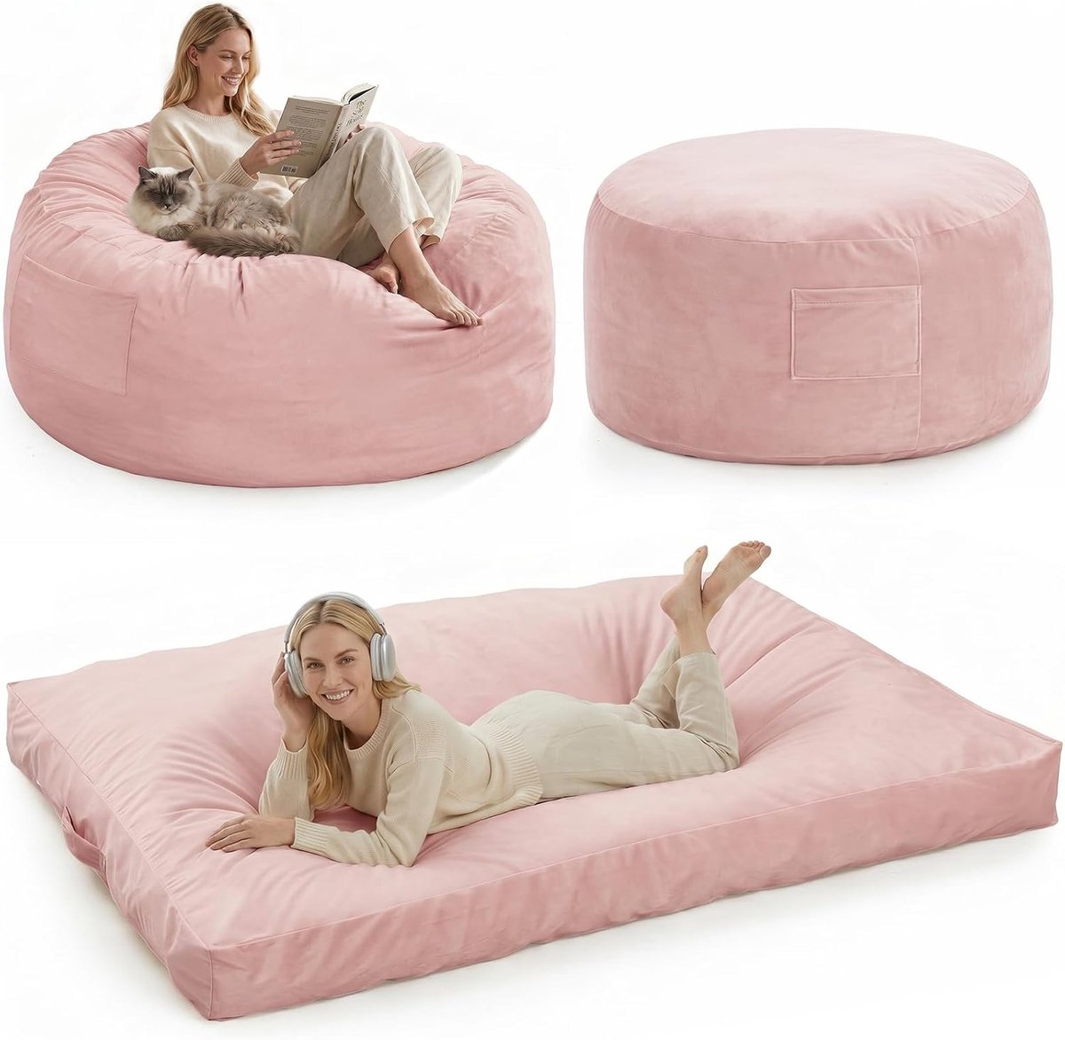 Reuze 3-in-1 Zitzak & Slaapbank - XL Lounge Stoel met Traagschuim (Memory Foam) - Met Wasbare Flanellen Hoes, Zijvak & Handvat - Opklapbaar Zitzak Bed voor Volwassenen & Tieners - roze