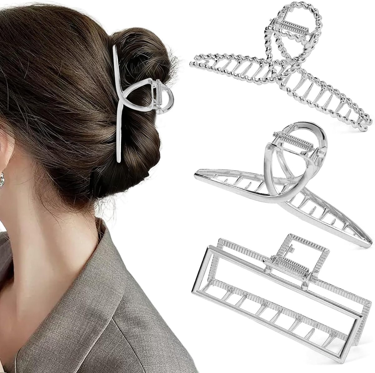 metalen haarspelden voor dames, 3 stuks antislip haarspelden, klauwklem, haarspelden, haarclips, haaraccessoires, haaraccessoires voor vrouwen en meisjes, dik dun haar (zilver)