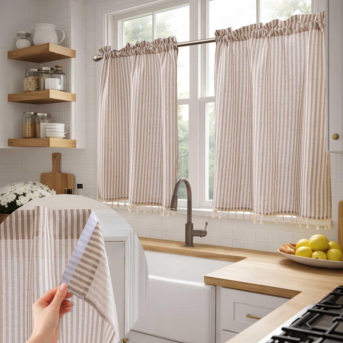 Omgoods - Opaque Keuken Gordijnen met Fringes - 2 Stuks Bruin 91 x 86 cm