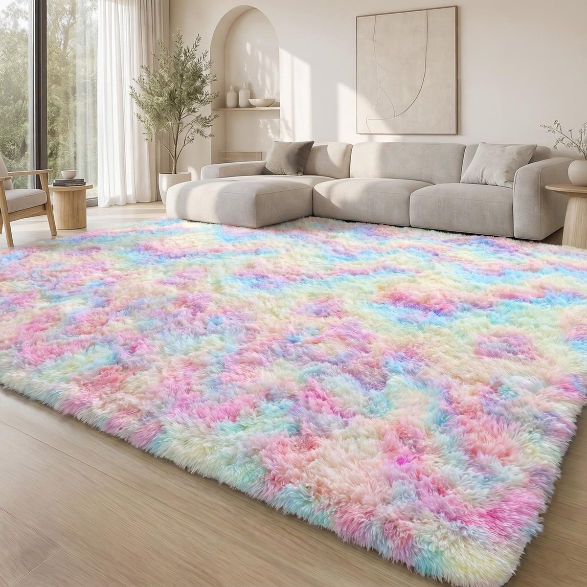 Omgoods - Fluffy Shaggy Vloerkleed - Wasbaar en Antislip 80x150cm Regenboog