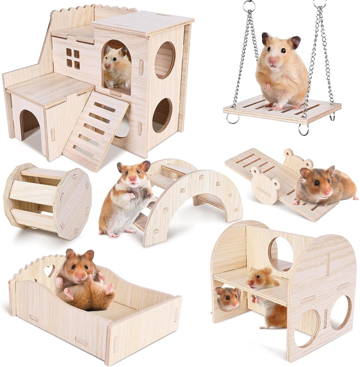 Speelgoed, 7 stuks doe-het-zelf huis voor cavia's, hout, hamsterrol, brug, wip, schommel, hamsteraccessoires voor racemuizen, dwerghamsters, chinchilla's