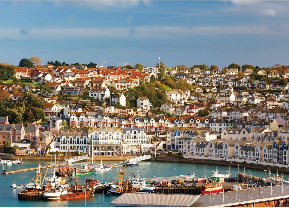 Brixham Haven Puzzel, 1000 stukjes, landschapspuzzel voor volwassenen, 1000 stukjes, premium puzzel met schilderachtig uitzicht op de havenstad, puzzelliefhebbers