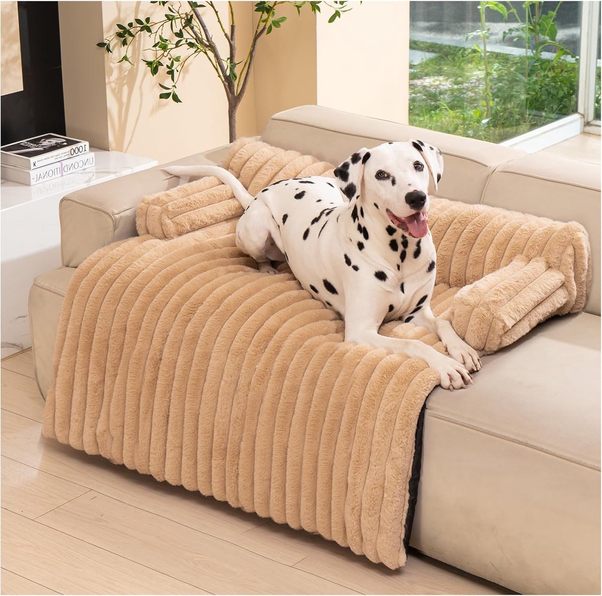 Kalmerend hondenbed, zachte hondenmat voor bank, bescherming voor meubels voor middelgrote honden en katten, met afneembare wasbare hoes en antislip onderkant, bruin (large)