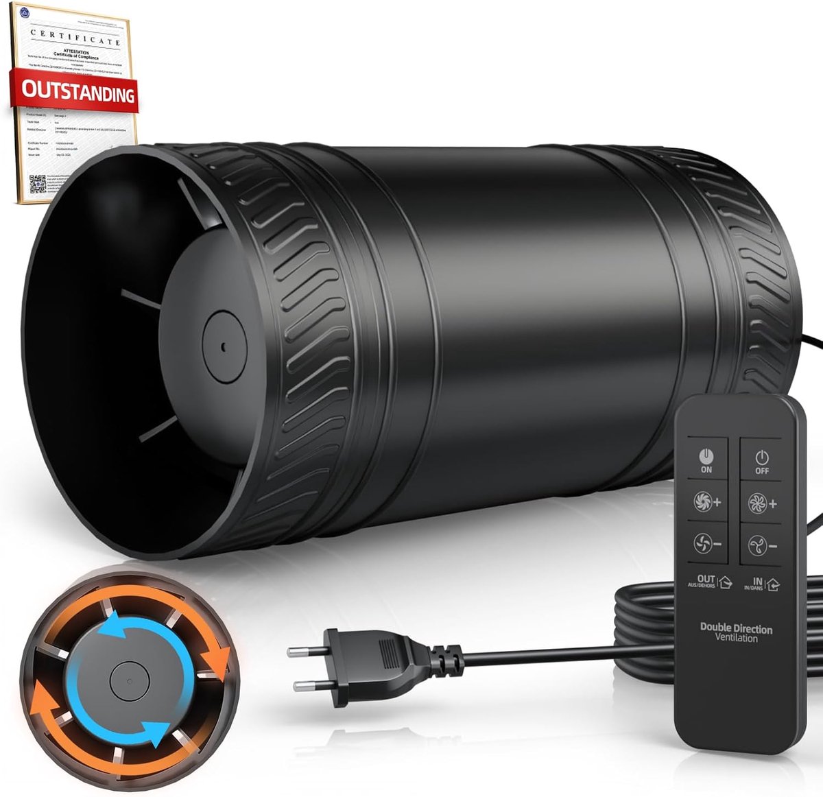 100 mm, bidirectionele ventilator, 6-traps ventilator, 433 MHz afstandsbediening, inline afvoerventilator, stille buisventilator, kweektenten, broeikas, badkamer, kelder, garage