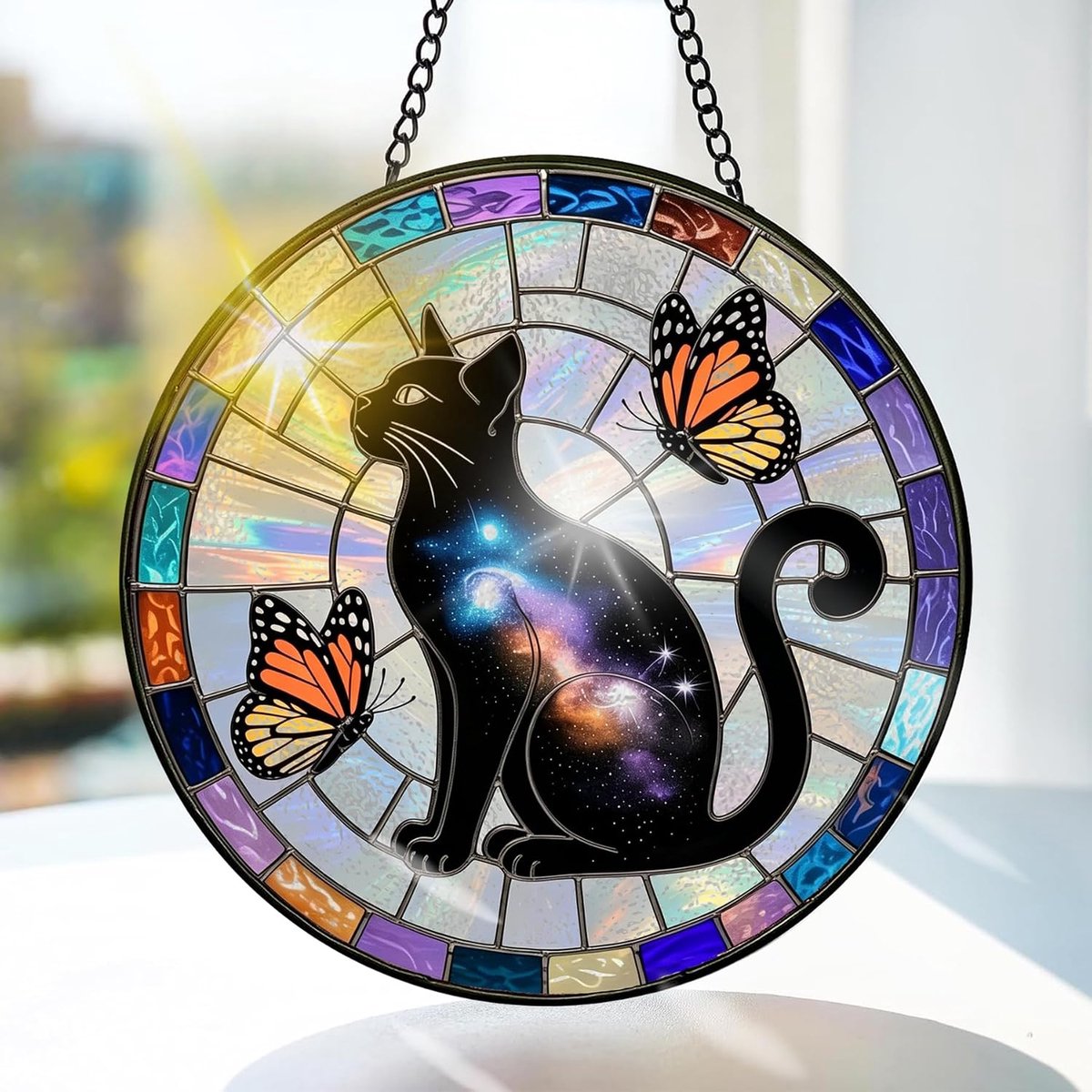 Zwarte Kat Gekleurd Glas Hangend - Vlinder Hangende Raamdecoratie - voor Tuin, Raam en Deur, Verjaardag voor Vrouwen, Handgemaakte Suncatcher Decoratie 20x20 cm