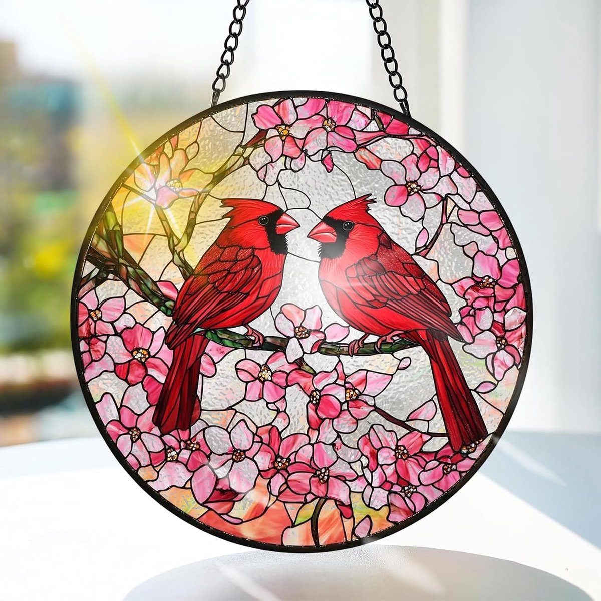 Rode Vogel Gekleurd Glas Hangend - Kersenbloesem Hangende Raamdecoratie - voor Tuin, Raam en Deur, Verjaardag voor Vrouwen, Handgemaakte Suncatcher Decoratie 20x20 cm