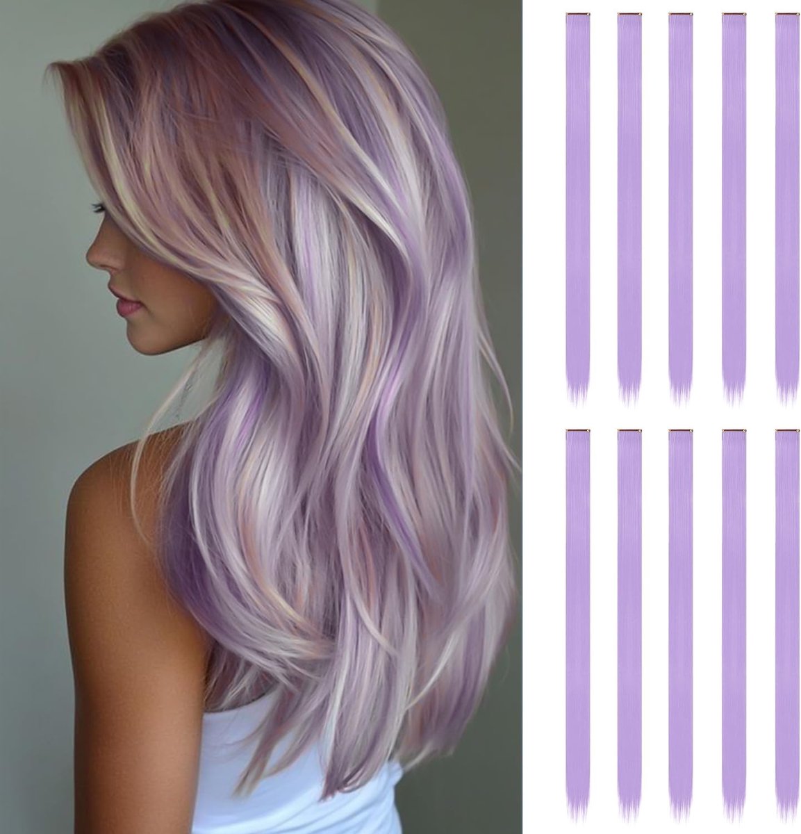 Haarextensies | 22 inch lange, steile paarse haarstukjes | Clip-in haarextensie | Haaraccessoires voor meisjes (mistpaars)