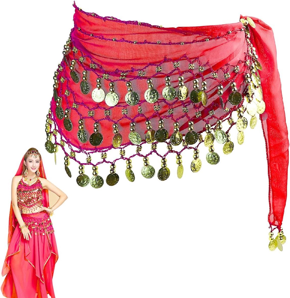 Buikdansriem voor dames, chiffon heupdoek, dansdoek met munten voor buikdans, rood, 22W
