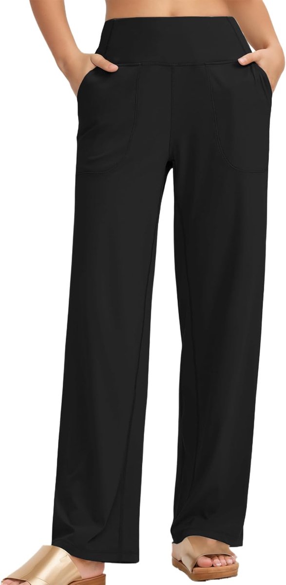 Yogabroek voor dames, hoge taille, joggingbroek, sportbroek met 2 zakken, rechte wijde pijpen, comfortabele vrijetijdsbroek, brede elastische tailleband, sweatpants, trainingsbroek, zwart, XL