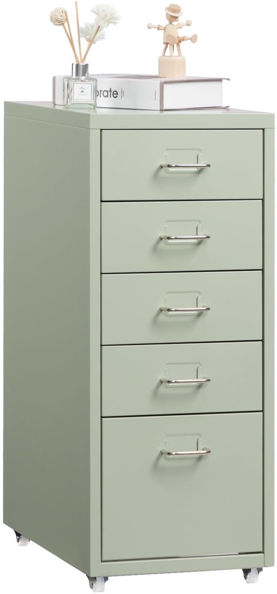 Omgoods - HollyHOME mobiele archiefkast met 5 lades - Onder bureau met wielen - Saliegroen