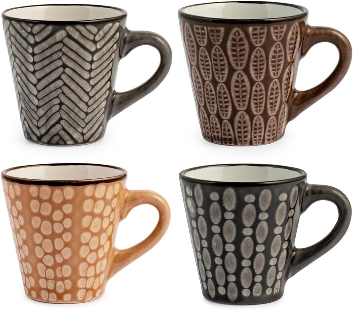 6 koffiemokken in etno-stoneware gesorteerd