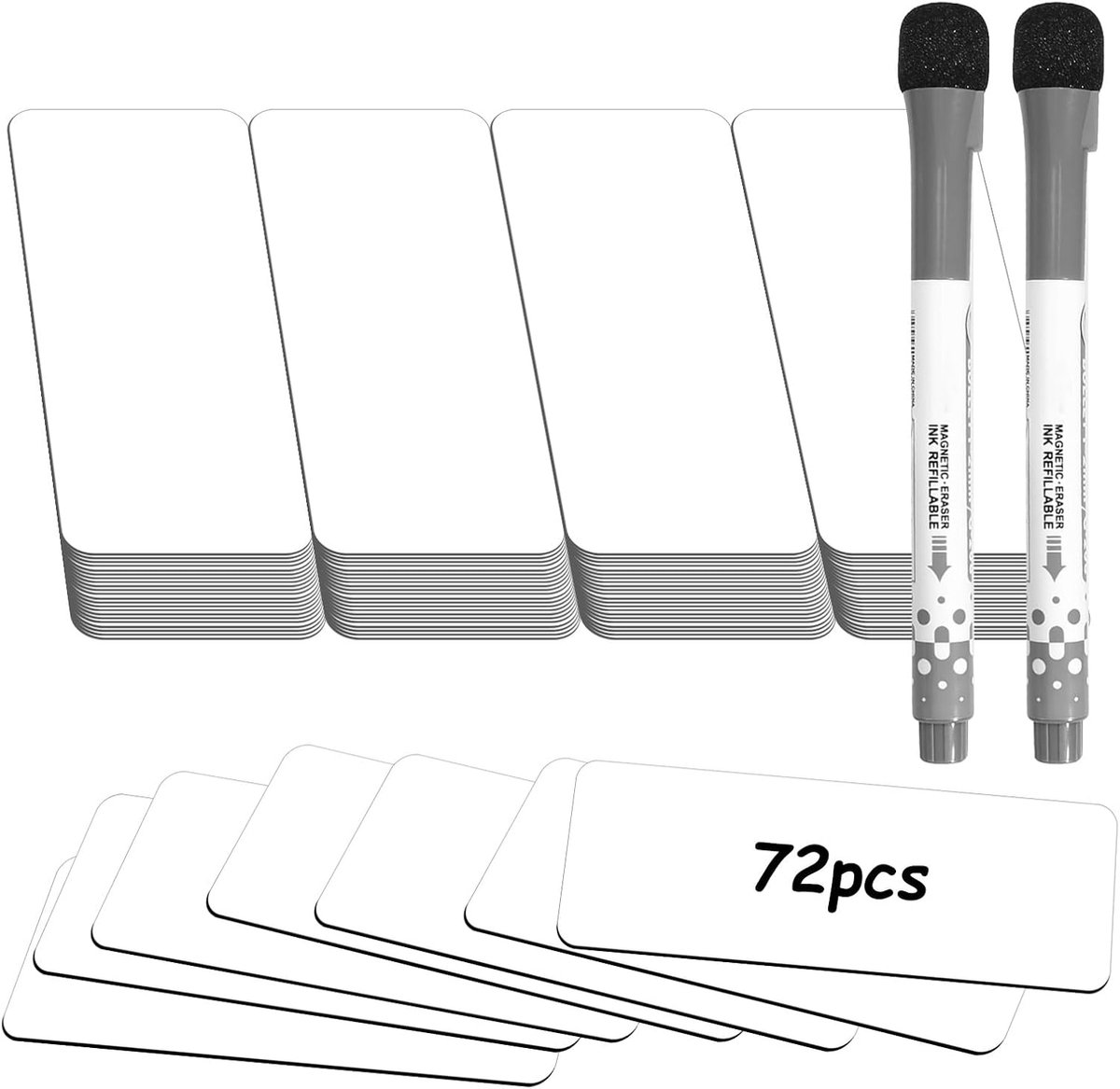 72 stuks magneetstrips, beschrijfbaar, 80 x 30 mm, magneetborden om te beschrijven, magnetische etiketten, herbruikbaar, incl. 2 markeerstiften, magneetetiketten voor whiteboard, koelkast