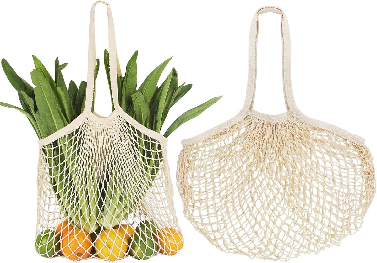 nettas, 2 stuks winkelnettas, 35 * 35 cm gaasnet herbruikbaar, winkeltassen met lange handvatten, draagbare nettas voor het kopen van groenten en fruit