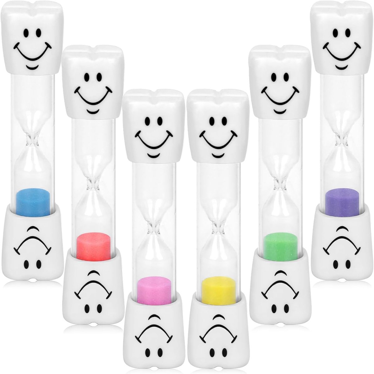 6 stuks zandloper-tandenborstelset voor kinderen, zandloperset, 2 minuten, 3 minuten, smiley gezicht, tandenborstel, klok, zandloper, tijdconcept voor games, koken, tandenpoetsen