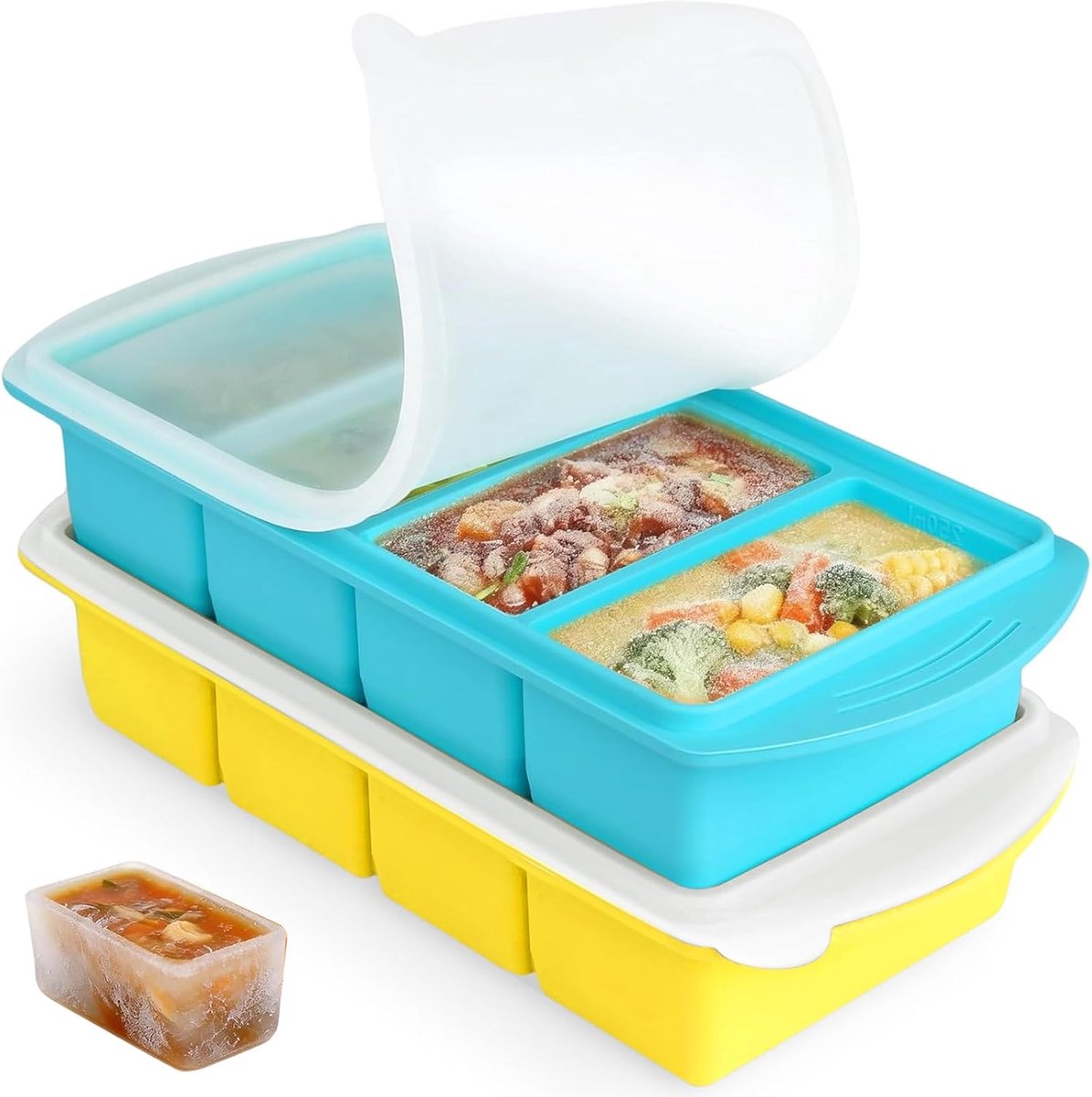 2 Pack Soepkubus Siliconen Vriezer Tray, 1000ML Siliconen Vriezer Mallen met Deksel, 4 Compartiment Maaltijd Prep Voedsel Soep Opslag Containers, Magnetron & Vriezable Containers