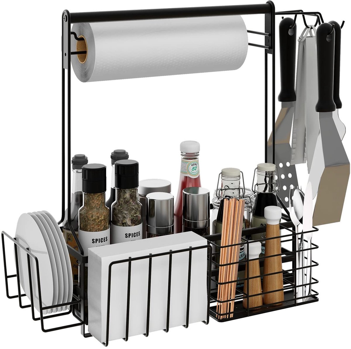 Omgoods - en Grill Caddy met Papieren Handdoekhouder en 4 Haken - Camping Accessoires