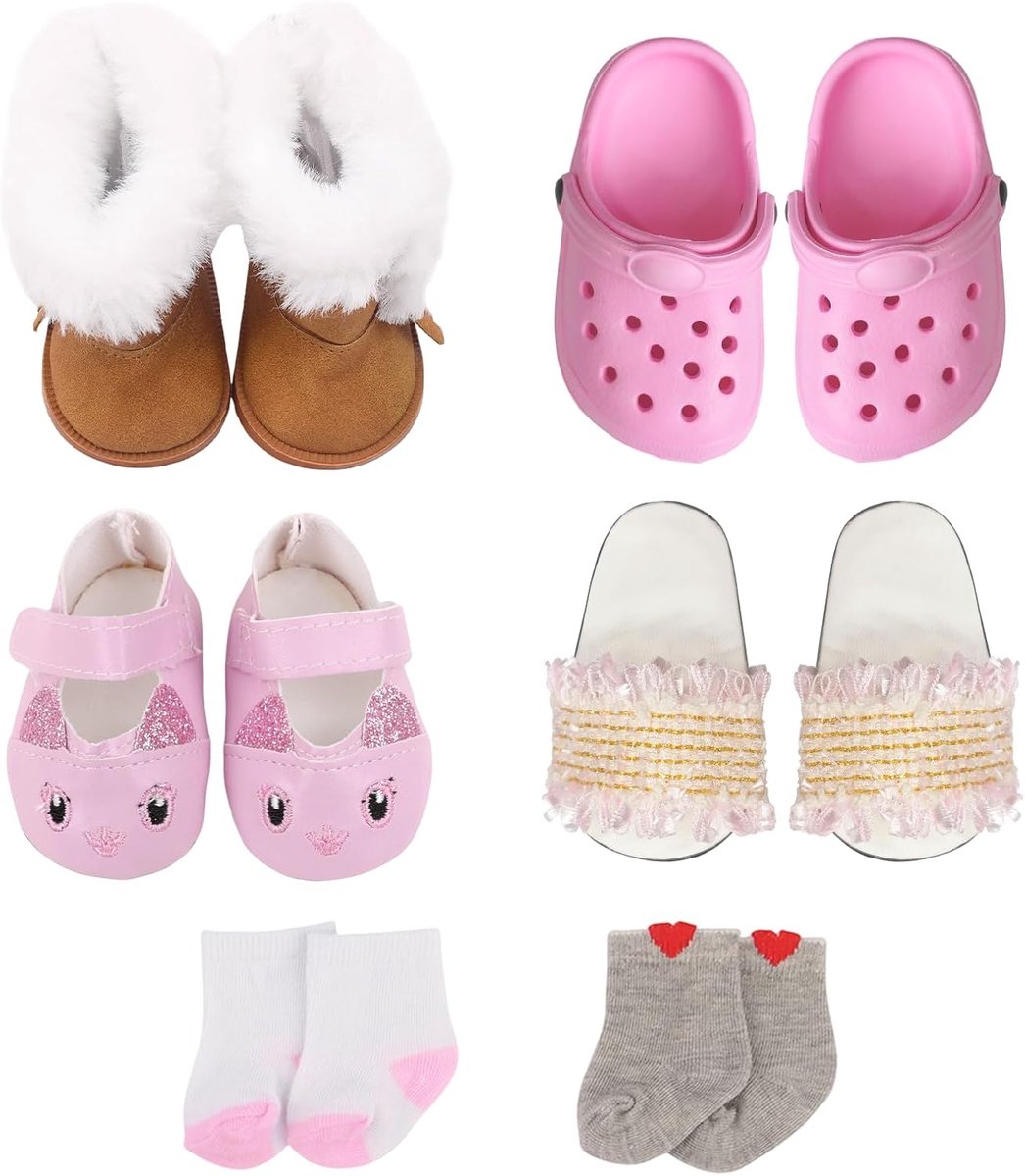 Schoenen accessoireset voor 14-18 inch poppen, poppenaccessoires 43 cm met pluche laarzen haas-schoenen sandalen slippers met franjes 2 sokken, 35-45 cm poppenaccessoires poppenkleding