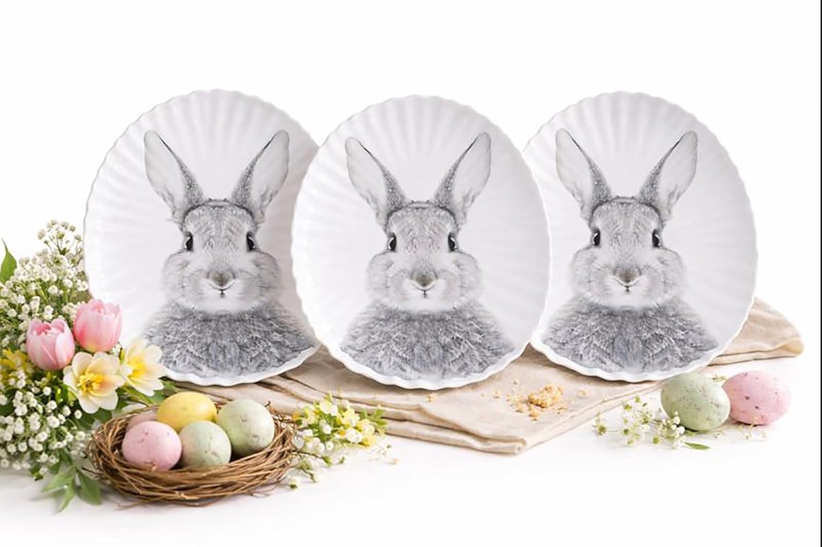 Set van 3 koekjesborden, metalen paasborden, metalen borden in eivorm, decoratieve borden voor koekjes, paaseieren, snoep voor Pasen (set van 3 gebakborden, haas)